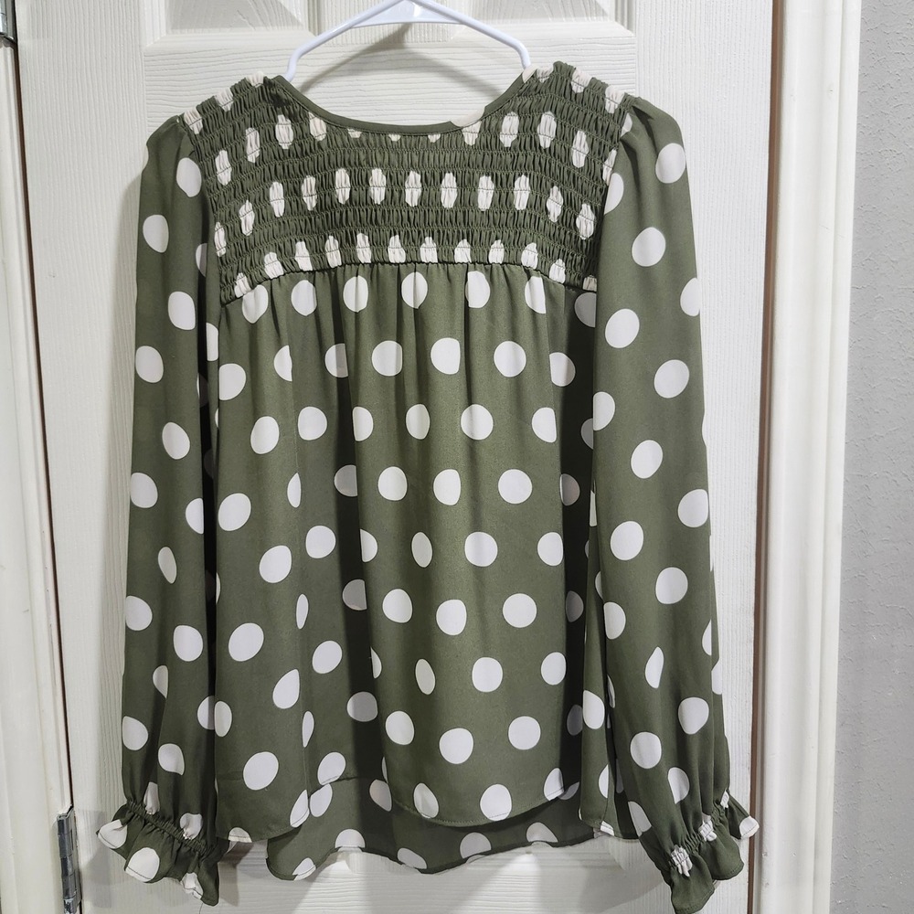 Loft Outlet Olive Green White Polka Dot Smocked Long Sleeve Blouse Small Womens